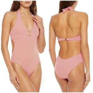 NWT Melissa Odabash Sahara Embellished Cutout Jacquard Halterneck Swimsuit 10